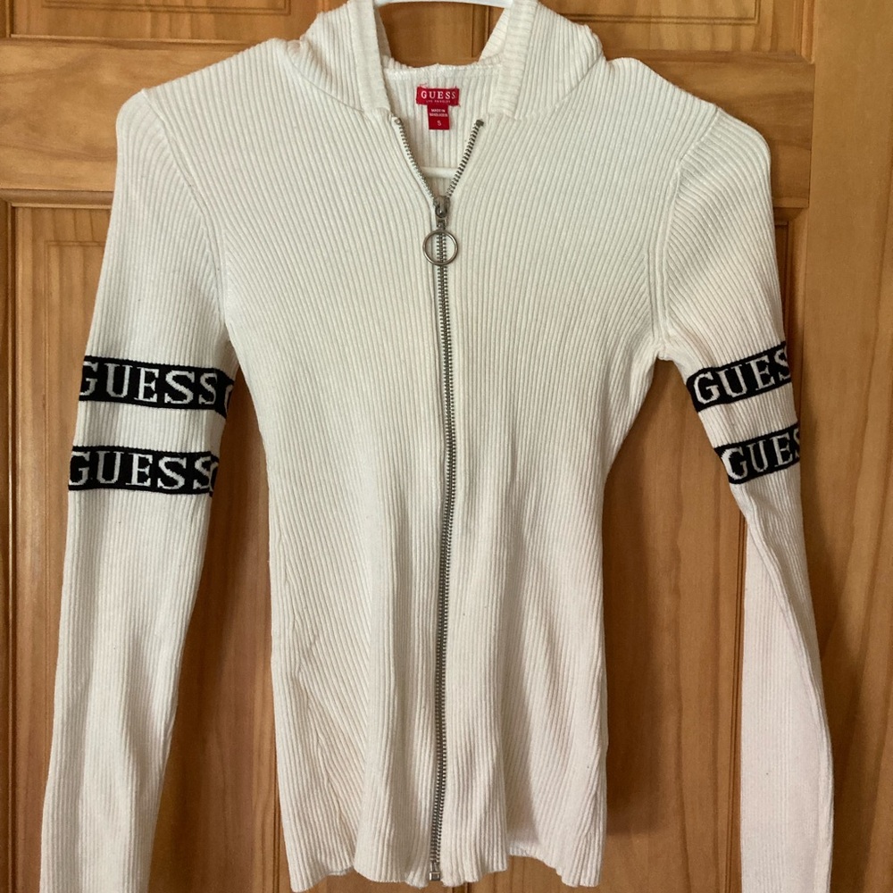 Guess Size S White with Black Zip Up Hooded Long Sleeve Sweater